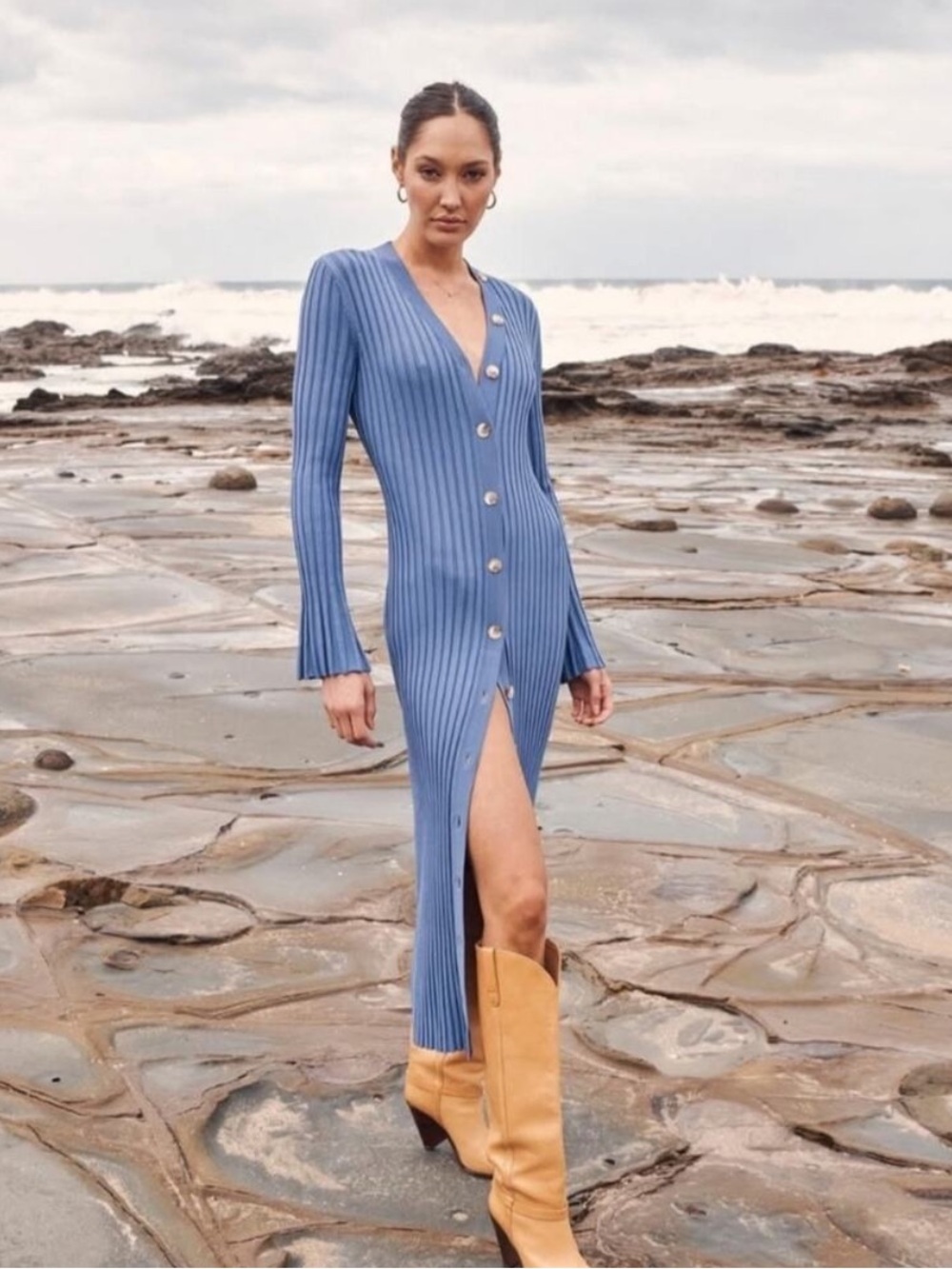 Ena Pelly Maci Ribbed Knit Midi Button-Down V-Neck Dress Deep Blue Size 2 $320